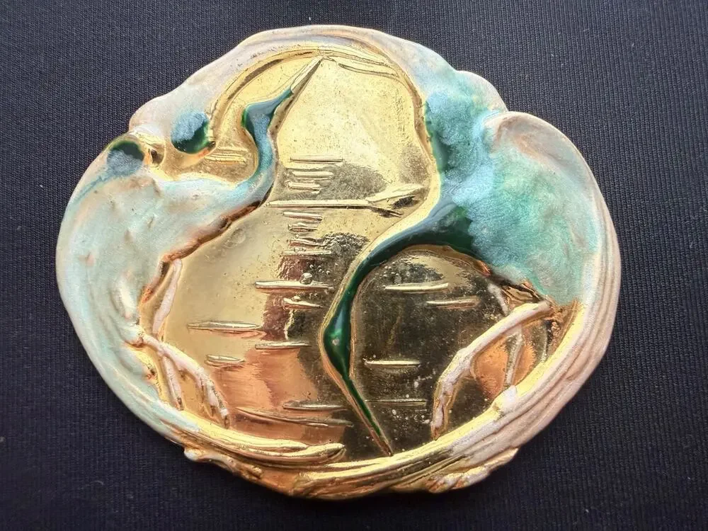 Vintage Charmant of Beverly Hills Inc. Enamel Belt Buckle Gold Tone Cranes